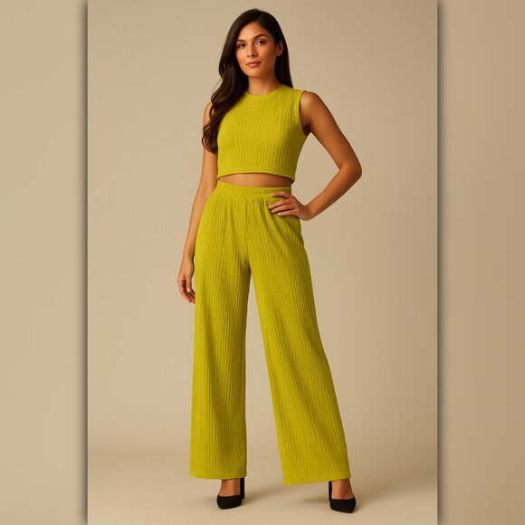Lively Lumina Pants - A333-B • Love Poem Chartreuse Ribbed Cropped Tank & Wide-Leg Pant Set - Size L